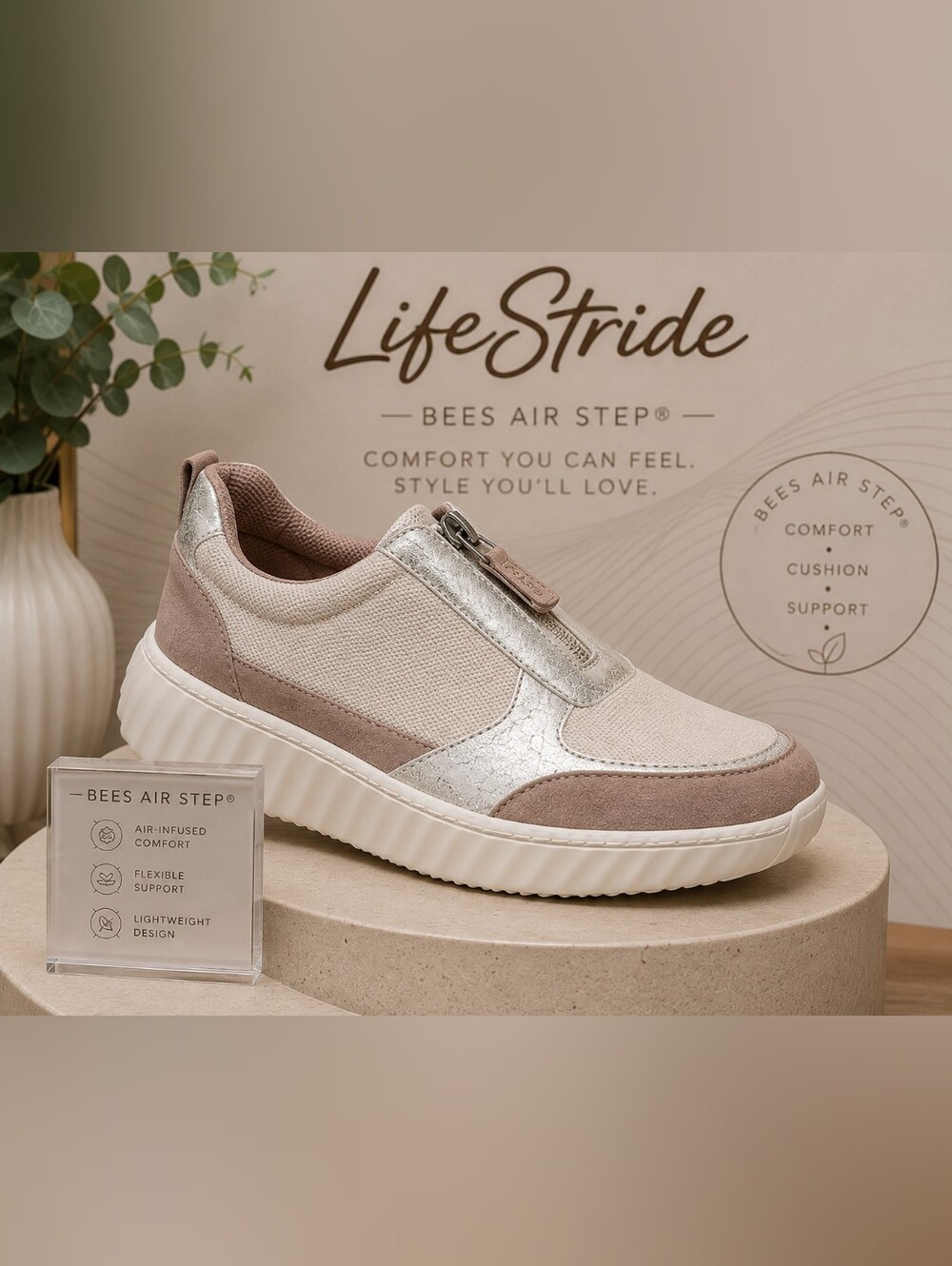 Life Stride "Winner" Slip-On Trainer in Beige and Cream